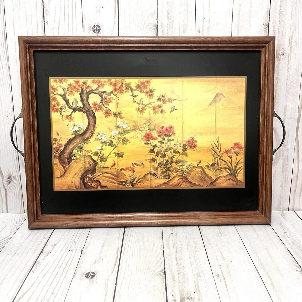 Vintage Pimpernel Tray Chinoiserie Asian Garden Birds Gold Wood Frame Handles